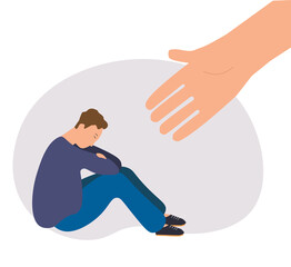 Human hand helps a sad young man. Mental health help for people under depression, vector illustration