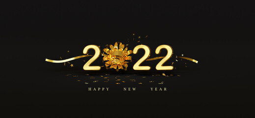 Happy New Year 2022. Celebrate party 2022, Golden Number, Web Poster, banner, cover card, layout design. 3D Rendering.
