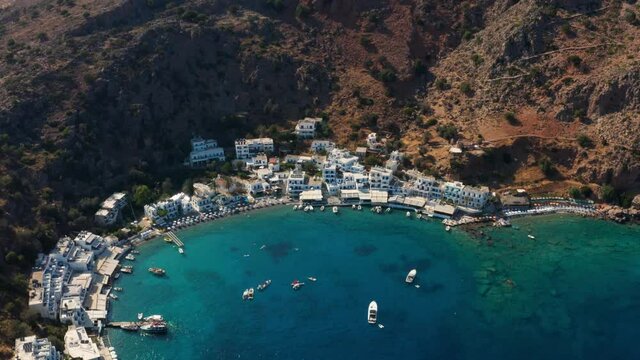 Bird's Eye View Of Loutro Beach With Beachfront Accommodations In Loutro Village, Island Of Crete In Greece. aerial