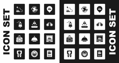 Set Location with cruise ship, Cruise, Ship bell, line path, Binoculars, Worldwide, and Suitcase icon. Vector