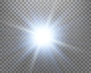 Blue sunlight lens flare, sun flash with rays and spotlight. Glowing burst explosion on a transparent background. Vector illustration.