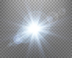 Naklejka premium Blue sunlight lens flare, sun flash with rays and spotlight. Glowing burst explosion on a transparent background. Vector illustration.