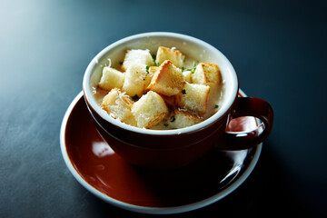 crouton in a coffee cup
