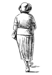 Sketch of elderly woman in hat walking outdoors on summer day