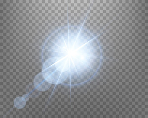 Blue sunlight lens flare, sun flash with rays and spotlight. Glowing burst explosion on a transparent background.  .Vector illustration.