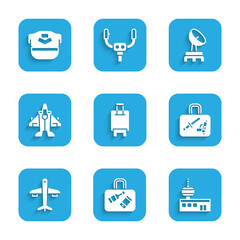 Fototapeta premium Set Suitcase, Airport control tower, Plane, Jet fighter, Radar and Pilot hat icon. Vector