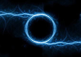 Blue fractal circle lightning background, electrical abstract