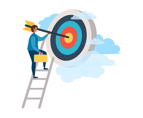A man with an arrow is running towards his goal along a winding road, motivation is advancing, through clouds or stairs, steps of achievement, steps