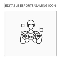 Game player line icon. Video game fan. People like to play games, take part in esports competitions. Gamer. Cybersport concept. Isolated vector illustration.Editable stroke