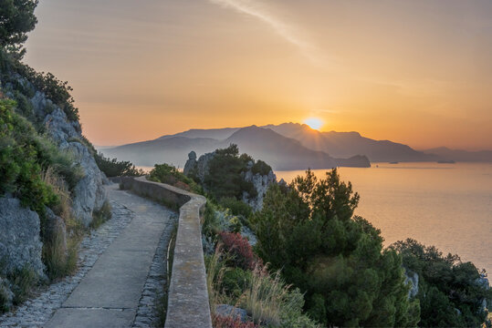 Rural hilltop road with sun rising or setting behind.