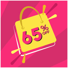 65 percent discount. Pink banner with floating bag for promotions and offers