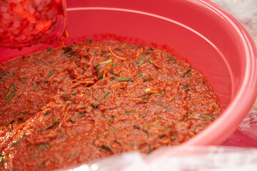 Making cabbage kimchi, cabbage mixed with seasoning