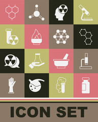 Set Test tube and flask, Microscope, Chemical formula, Head radiation symbol, Alcohol spirit burner, and Molecule icon. Vector