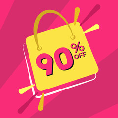 90 percent discount. Pink banner with floating bag for promotions and offers
