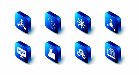 Set Chemical formula, Bacteria, Molecule, Test tube and flask, H2O, and icon. Vector