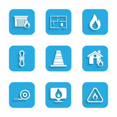 Set Traffic cone, Location with fire flame, Fire in triangle, burning house, hose reel, Climber rope, and garage icon. Vector