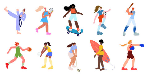Flat women play different sports collection.Women sportsmen characters set.Isolated on the white background.