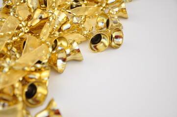 Golden christmas decorations on box for tree and home