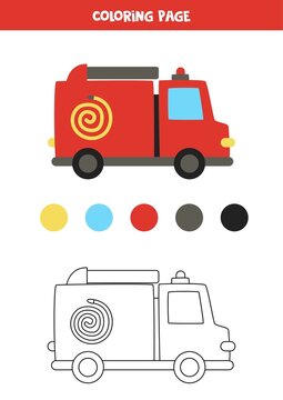 Color cute cartoon fire truck. Worksheet for kids.
