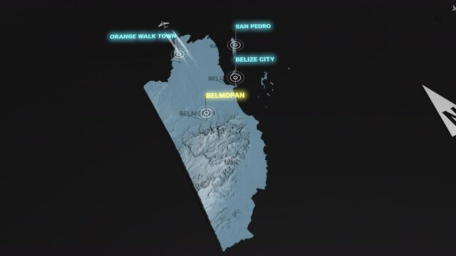 Seamless looping animation of the 3d terrain map at nighttime of Belize with the capital and the biggest cites in 4K resolution