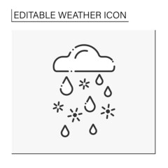 Sleet line icon. Heavy snow with rain. Bad weather. Autumn vibe. Cloud with raindrops and snowflakes. Weather concept.Isolated vector illustration. Editable stroke