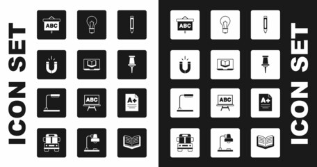 Set Marker pen, Online class, Magnet, Chalkboard, Push pin, Light bulb with idea, Exam sheet A plus grade and Table lamp icon. Vector