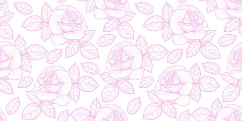 Seamless pattern on a rectangle, delicate pink rose with leaves