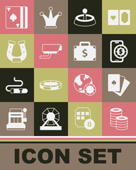 Set Casino chips, Deck of playing cards, Online poker table game, roulette wheel, Security camera, Horseshoe, and Briefcase and money icon. Vector