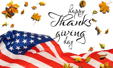 USA Thanksgiving Day waving flag on white background