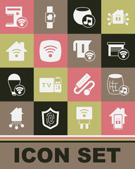 Set Mobile with smart home, Voice assistant, Smart garage, Wi-Fi wireless internet network, wi-fi, coffee machine and electric kettle icon. Vector