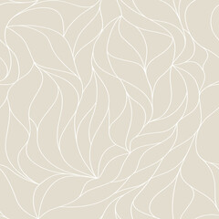 Organic petals pattern with white wavy lines and scrolls leaves on light beige background. Abstract texture in art deco style. plant ornament. Seamless vector design for textile, fabric and wrapping. 