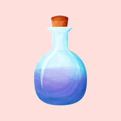 Watercolor potion or poison bottle with brown cork crafted by evil witch