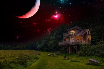 Foto op Plexiglas Nachtscène van een boomhut aan een bosrand en pad langs weide met warm geel lamplicht schijnt door de ramen tegen de achtergrond van de nachtelijke hemel met maan en helder twinkelende sterren © photodigitaal.nl