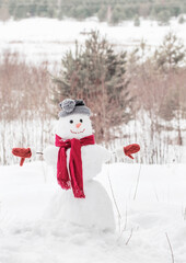 snowman in red scarf in forest