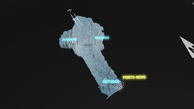 Seamless looping animation of the 3d terrain map at nighttime of Benin with the capital and the biggest cites in 4K resolution