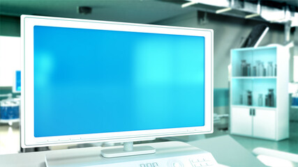 blue screen monitor with free place - medical therapy mockup , design object 3D illustration