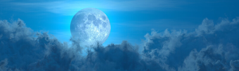 backdrop - panorama of large cumulus clouds and moon . conceptual nature 3D illustration