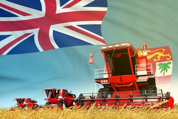 Obraz premium red rural agricultural combine harvester on field with Fiji flag background, food industry concept - industrial 3D illustration