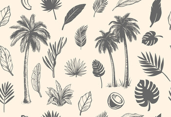 Fototapeta na wymiar Seamless vector Pattern with tropical leaves and palms.