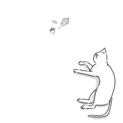 Cat in vector drawing. Hand-drawn illustration of cat watching leaves falling. Fall themed art for seasonal greeting. 