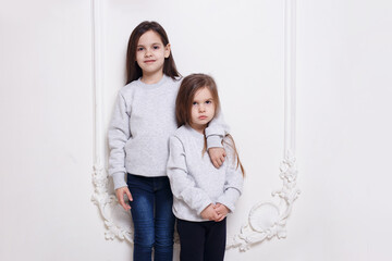 Gorgeous two caucasian sisters posing together on white background, smiling and looking at camera.