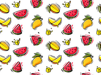 Seamless vector pattern with mango and watermelon.