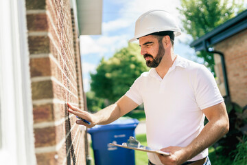 man with a white hard hat holding a clipboard, inspect house