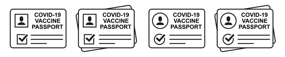 Medicine vaccine passport icon set. Vaccinated against the corona virus. Covid-19 vaccination certificate with check mark. Medical card  for health care. Vector illustration.