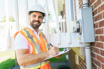 Portrait of an electrician happy worker at work