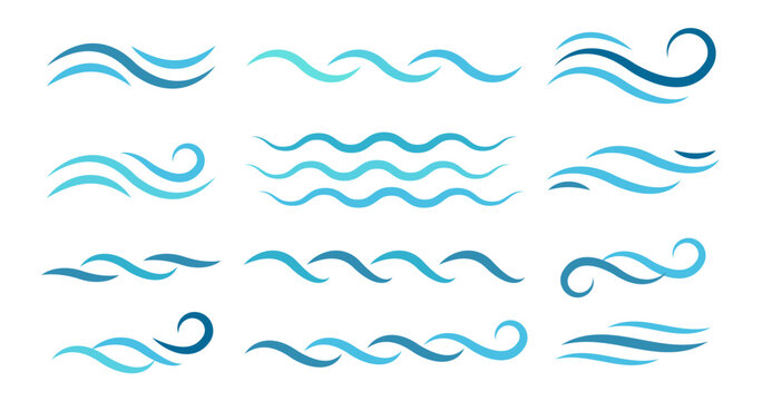 Water wave line art set. Wave beach vector symbol or logo design collection. Abstract water waves see blue vector design elements. 