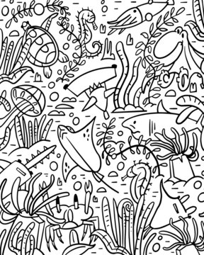 Coloring. Sea creatures and plant underwater. Black outline. Vector illustration.