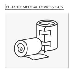  Bandage line icon. Strip of woven material. Bind up wounds or to protect an injured part of the body. Medical devices concept. Isolated vector illustration. Editable stroke