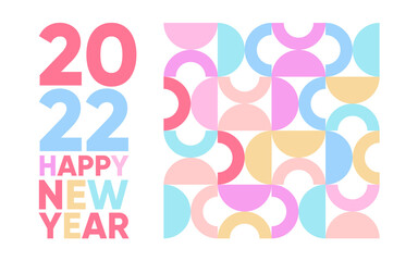 Happy New Year 2022 web banner design, poster or banner, in boho bauhaus style. 2022 Minimal geometric style logo. 2022 number design template. Vector bauhaus 2022 poster with colorful abstract print.