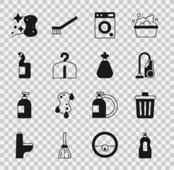 Set Dishwashing liquid bottle, Trash can, Vacuum cleaner, Washer, Hanger wardrobe, Sponge and Garbage bag icon. Vector